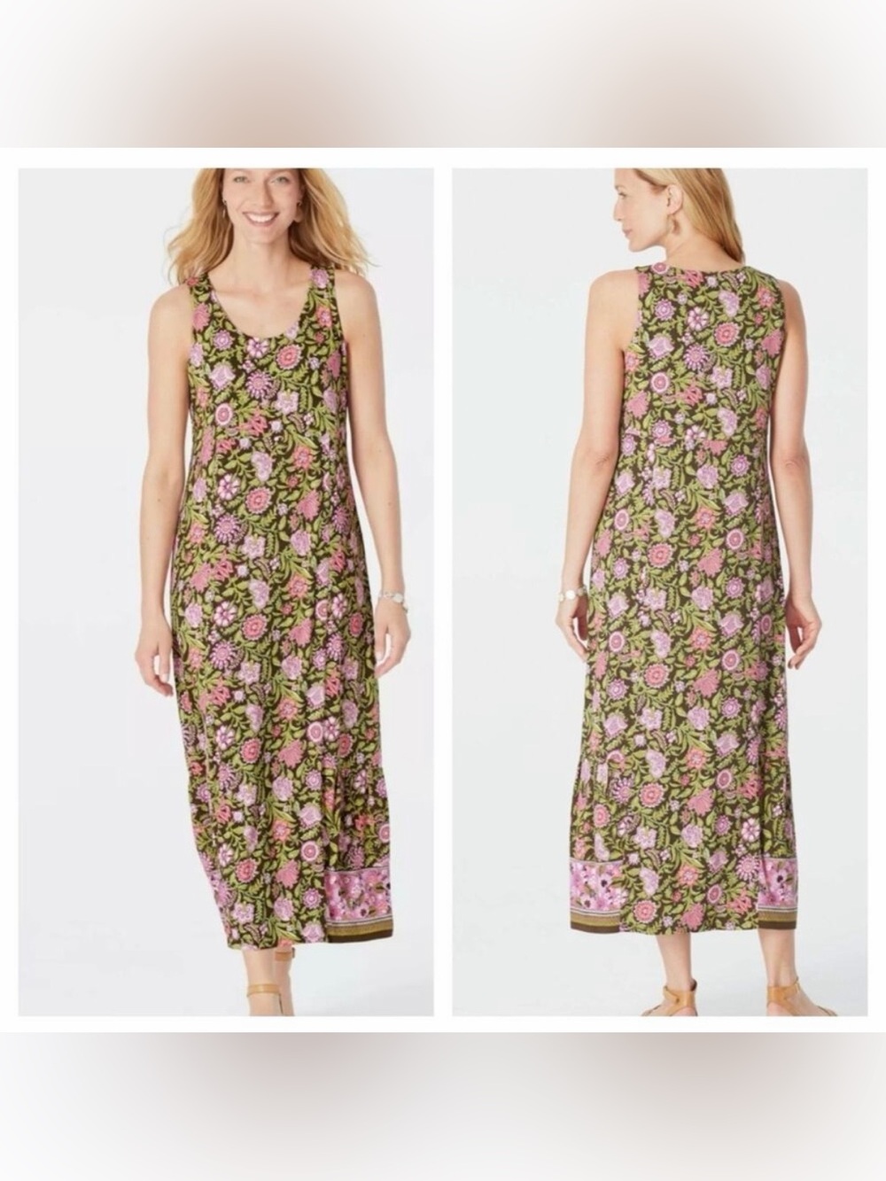 J. Jill Floral Brown Pink Stretchy Sleeveless Knit Maxi Dress Sz XL Colorful